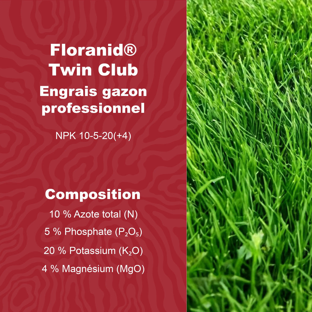 Composition de l engrais gazon professionnel Floranid Twin Club NPK 10 5 20 avec magnesium pour fertilisation longue duree