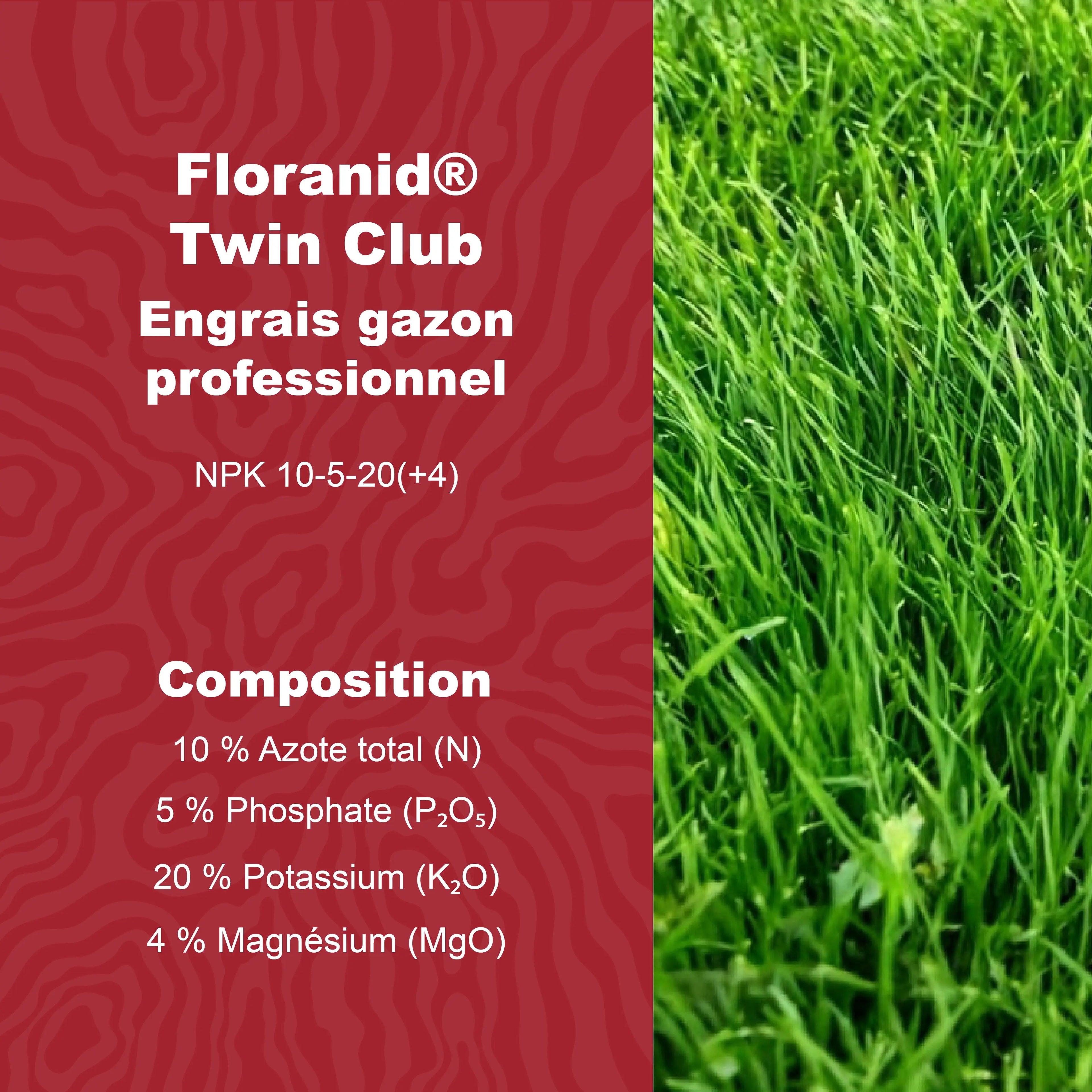 Composition de l engrais gazon professionnel Floranid Twin Club NPK 10 5 20 avec magnesium pour fertilisation longue duree