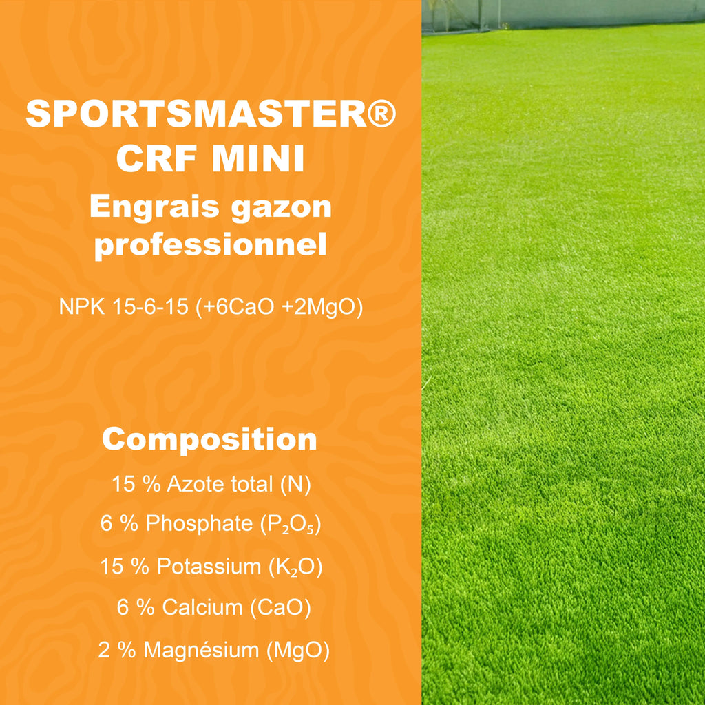 Composition de l engrais gazon professionnel ICL Sportsmaster CRF Mini NPK 15 6 15 avec calcium et magnesium pour fertilisation equilibree