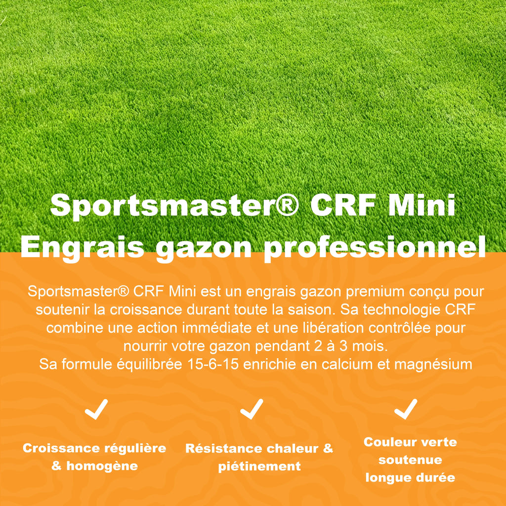 Presentation de l engrais gazon professionnel ICL Sportsmaster CRF Mini favorisant une croissance reguliere une couleur verte durable et une resistance accrue