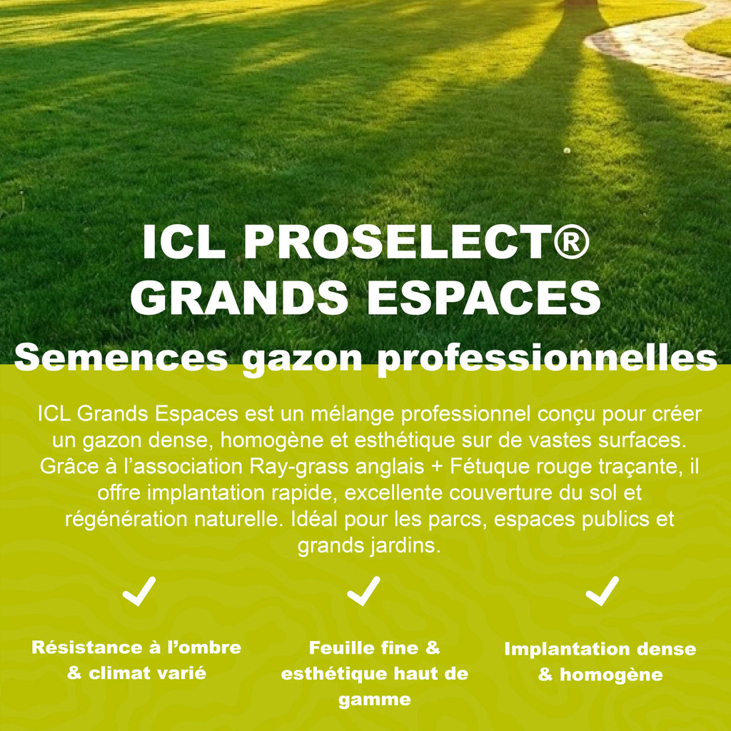 Semences de gazon professionnelles ICL ProSelect Grands Espaces pour parcs espaces publics grands jardins et pelouses étendues
