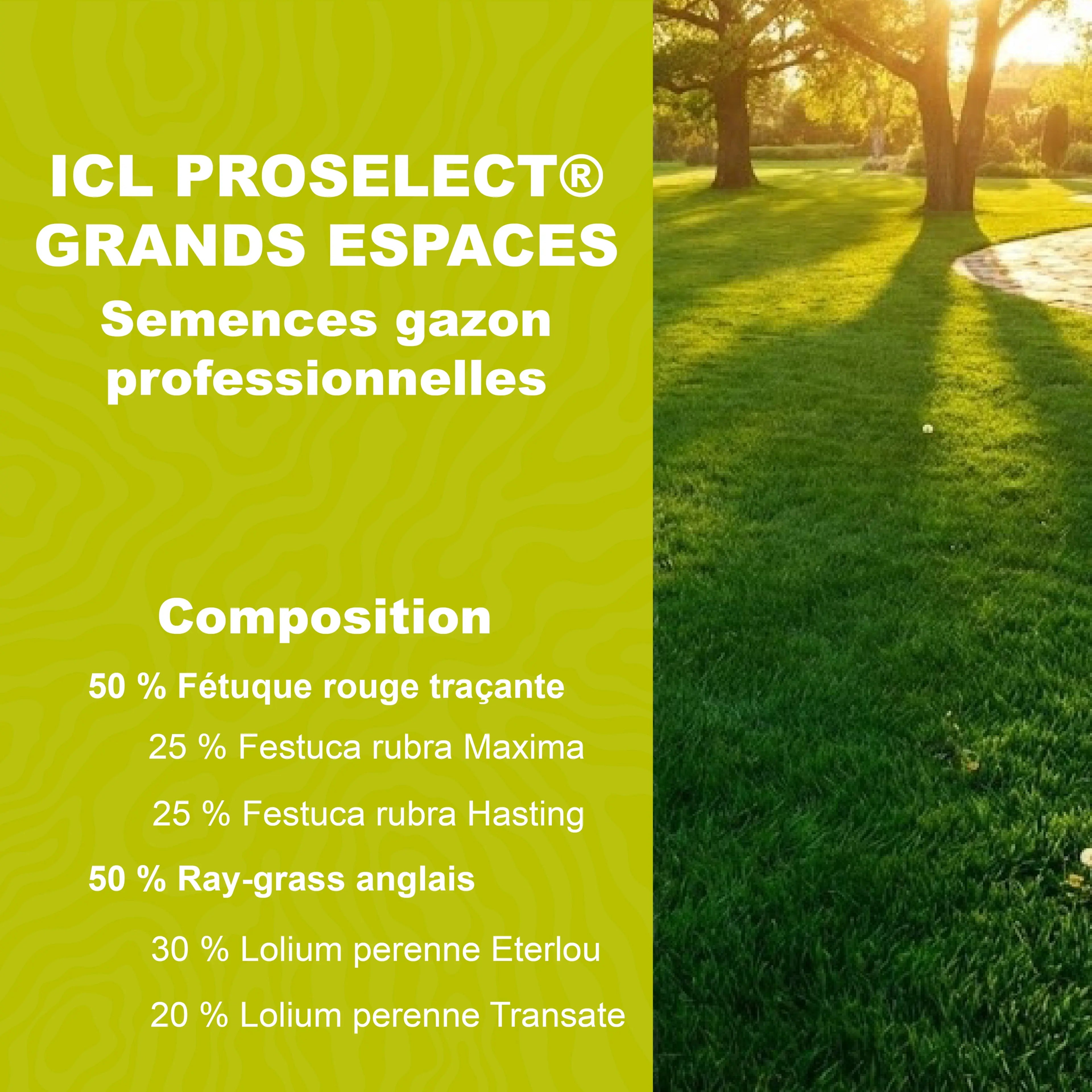 Semences de gazon ICL ProSelect Grands Espaces pour pelouses professionnelles et zones à fort passage
